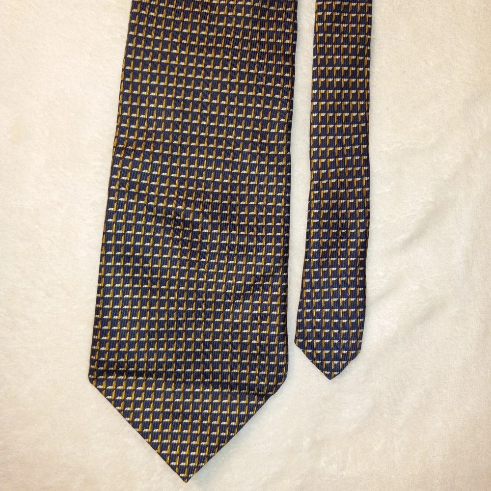 Nautical Navy Blue Yellow White Classic Tiny geometric pattern Tie 100% Silk